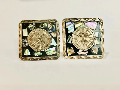 Gemelos cuadrados únicos vintage Taxco mexicano 925 esmalte abulón 11,83 g Foto 1 de 4