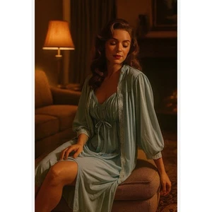 Pinehurst Peignoir Set Robe Nightgown Light Blue Size 8 Floral Lace Trim Vintage - Picture 1 of 14