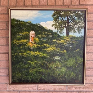 ROBERTA CLAIR Blonde Girl Picking Flowers Scenic Hill Framed Oil Painting Canvas - Picture 1 of 18