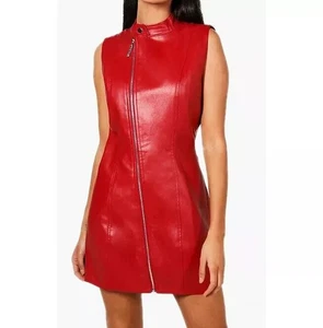 New Womens Red Motorcycle Leather Dress| Genuine Lambskin Slim Fit Short Dress M - Picture 1 of 4