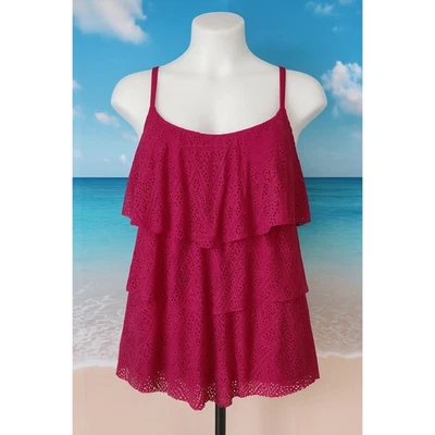 Top de natación Tankini Liz Claiborne con ojales en capas talla 16 rosa magenta crochet encaje Foto 1 de 4