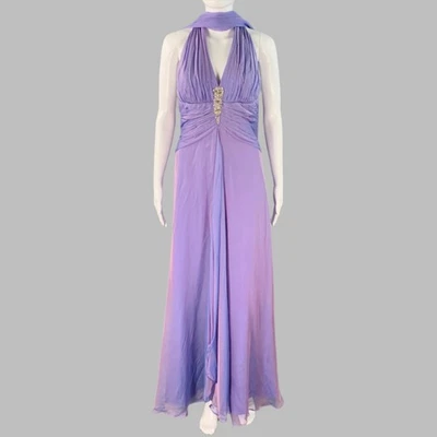 BADGLEY MISCHKA Size S Purple Lilac Silk Iridescent Halter Evening Gown - Image 1 of 4