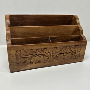 Beautiful Vintage Carved Wooden 4 Slot Desk Organizer Made In India - Picture 1 of 7