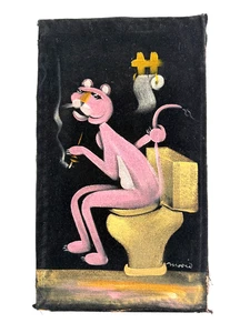 vtg 50s 60s\ Pink Panther on Toilet Bathroom Velvet Painting Mexico RARE - Picture 1 of 15