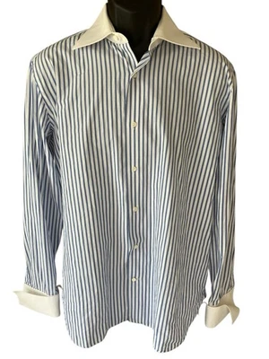 Ameri Dress Shirt Men's 41/16 Cotton Blue White Stripe Button Up Made Italy - Image 1 of 4