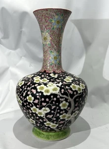 Antique Famille Noire Chinese Qing Dynasty Peony Vase 18th Century *repaired - Picture 1 of 19