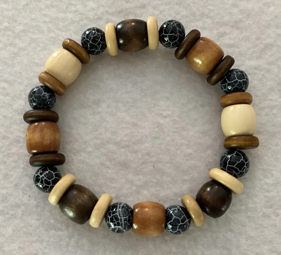 "Pulsera elástica hecha a mano para hombre gris oscuro de jade Henan y cuentas de madera/8,5"" de longitud" Foto 1 de 2