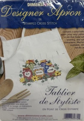 VTG Dimensions STAMPED CROSS STITCH 72774 APRON Eat Drink Laugh Jars Flowers NEW - Image 1 of 4