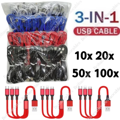 Lot 3A USB Fast Charging Cable 3in 1 Charger Cord 4ft For iPhone USB-C Micro USB - Image 1 of 4
