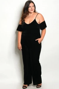 Womens Plus Size Black Velvet Jumpsuit 3XL Cold Shoulder Stretch - Picture 1 of 2