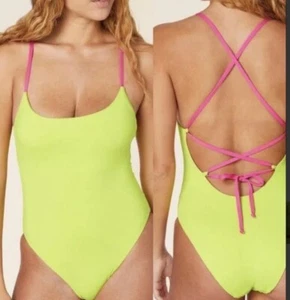 Cravatta da bagno Andie Swim The Fiji rosa brillante verde lime pezzo unico taglia XS posteriore - Foto 1 di 9