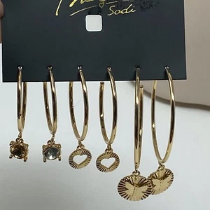 Thalia Sodi Two Pair Gold Tone Hoop Earrings with Charms Heart Butterfly - Picture 1 of 8