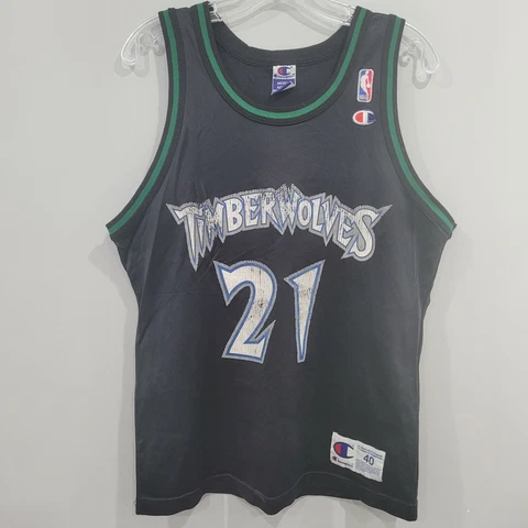 Vintage Champion Minnesota Timberwolves Kevin Garnett 21 Black Jersey Mens 40 M Cover