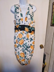 Venus Yellow Rose And Polka Dot Ruched Body Con V Neck Dress XL - Picture 1 of 6
