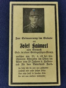 Sterbebild death card Haimerl Josef Bremeck b. Rattenberg Gebirgsjäger - Bild 1 von 2