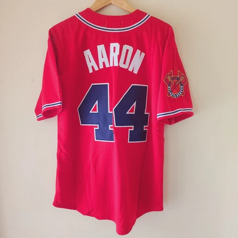 Brand New! Atlanta Braves #44 Hank Aaron Sewn Throwback Jersey Red Mens MEDIUM Cover