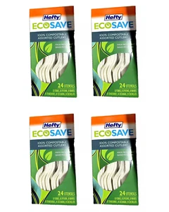 (4 Confezioni da 24 Pezzi) Hefty Ecosave 100% Compostabile Posate Forchette Cucchiai Coltelli - Foto 1 di 4