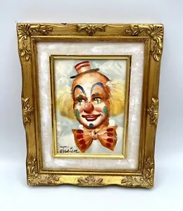 Vintage Original Red Bow Tie Clown Oil Painting On Wood Framed Signed Justin - Picture 1 of 7