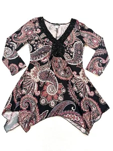 Venus Top M Black Paisley V Neck Black Embellishments Handkerchief Hem Stretch - Picture 1 of 10