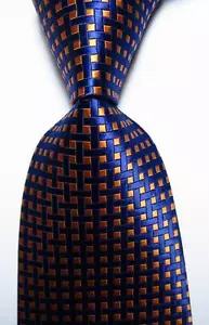 New Classic Checks Orange Dark Blue JACQUARD WOVEN 100% Silk Men's Tie Necktie - Picture 1 of 1