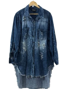 Thrill Jean Acid Wash Denim Shirt Dress Womens Plus Size 3X Pockets Distressed - Picture 1 of 11