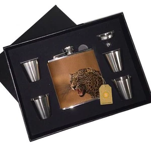 Frasco de cuero leopardo indio caja negra juego de regalo - Imagen 1 de 2