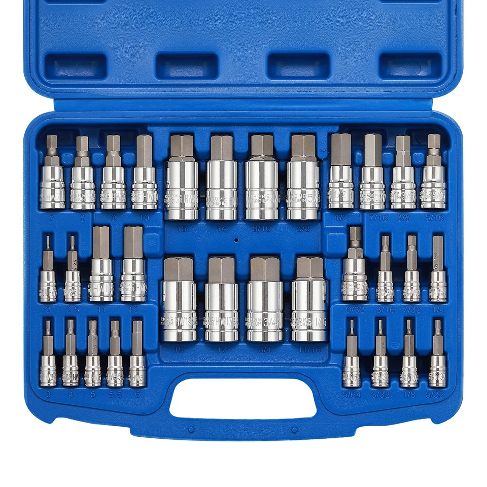 33PCS Hex Bit Socket Set, 1/4", 3/8" and 1/2" Drive, SAE & Metric Allen Socket - Image 1 of 4