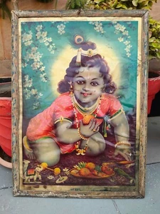 Vintage Hindu Divine God Krishna Bal Mukund Old Lithograph Print Frame 21 x 15" - Picture 1 of 6