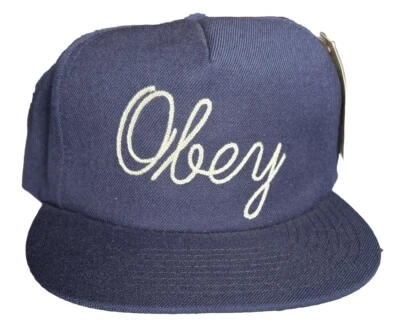 Boné chapéu Obey azul marinho couro marrom encaixe 20% lã tamanho único soletrar script - Imagem 1 de 4