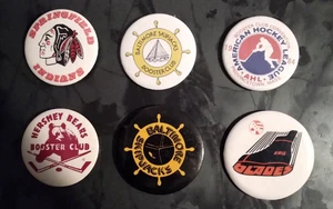 VINTAGE GRUPPE POSTEN VON 6 SCHÖNEN HOCKEY ANSTECKNADELN HINTEN, NAHL, AHL, ALLE IN GUTEM ZUSTAND - Bild 1 von 4