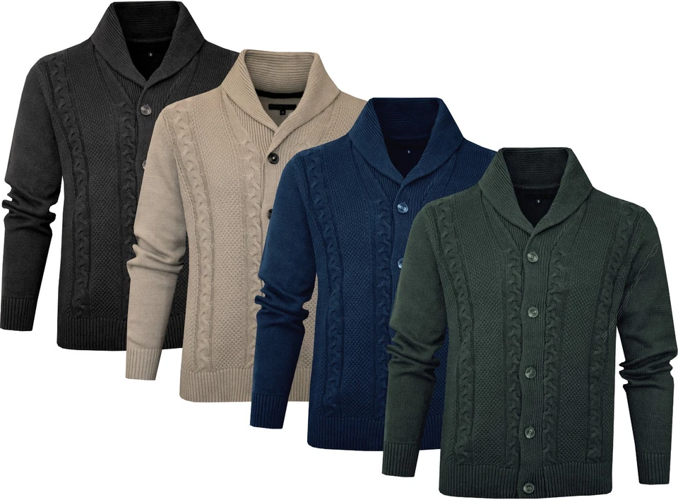 Button Up Cardigan Shawl Neck Cable Knit Plain Casual Knitted Cotton Mix Jumper - Image 1 of 4