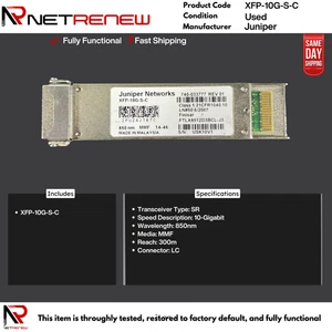 JUNIPER XFP-10G-S-C 10GBASE-SR XFP 850NM 300M DOM DUPLEX LC MMF TRANSCEIVER - Bild 1 von 1