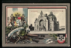 Nürnberg, Neues Stadt-Theater, Wappen, In Treue fest, Ansichtskarte 1915 - Picture 1 of 2
