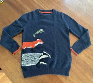 Mini Boden kids knit jumper boys 🐸 size 7-8 yrs 🦊 Fox, Badger, Frog intarsia - Picture 1 of 5