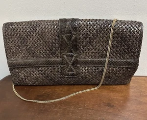 Vintage Carlisle braun Leder Korbgeflecht geflochten Clutch Kette Riemen Handtasche - Bild 1 von 14