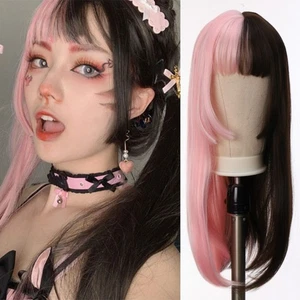 Two Tone Heat Resistant Fiber Pink And Black Wig Ombre Wigs Long Straight Hair - Picture 1 of 12