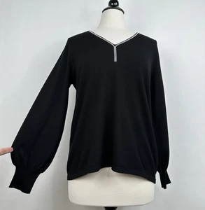 Chico's Bead Trim V-neck Long Sleeve Sweater Size 1 MEDIUM Black Silver Soft - Picture 1 of 12
