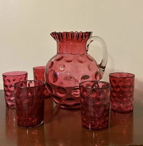 VTG Fenton Glass Ruby Overlay Dot Optic 70oz Jug Pitcher (5) Tumblers #1353 READ - Picture 1 of 21