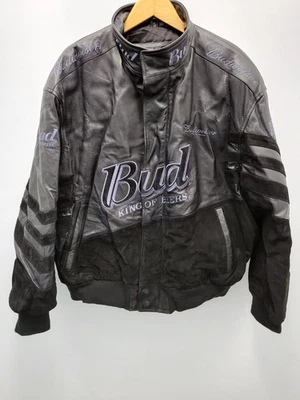 Bud Racing Leather Jacket Mens XL Black Budweiser Vintage Full Zip Bomber - Image 1 of 4