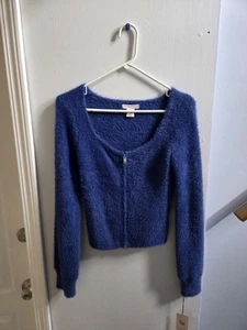 NWT Sincerely Jules Royal Blue Double Zip Fuzzy Sweater Size Medium - Picture 1 of 9