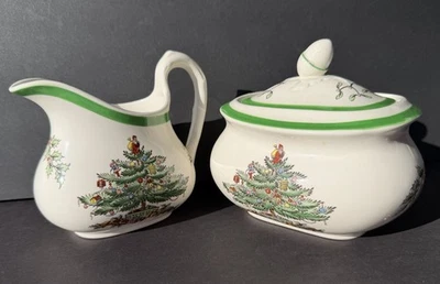Vintage Spode Christmas Tree Sugar & Creamer Set Pitcher Lid England - Image 1 of 4