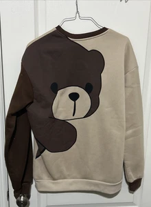 SHEIN Small  Bear Graphic Brown Beige Color Block Crewneck Sweatshirt Pre-Owned - Picture 1 of 9