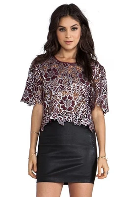 ELIZABETH AND JAMES Bates Bordeaux Maroon Silver Winter Lace Blouse, Size M - Image 1 of 4