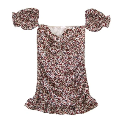 Mini Vestido Blush BJ Estampado Floral Fuera del Hombro Acanalado 3XL Calado Rojo Crema Foto 1 de 4
