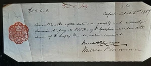(GBR-925)GB 1887 QV a promissory note With a red stamp duty 6d "BILL OR NOTE" - Picture 1 of 2