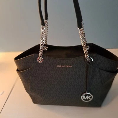 MICHAEL KORS JET SET TRAVEL LARGE CHAIN SHOULDER TOTE BAG MK BLACK LOGO SILVER  - Image 1 of 4