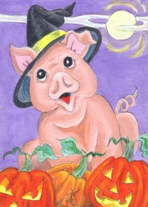 pig Witch hog Halloween pumpkin Moon aceo EBSQ Loberg mini Animal fantasy Art - Picture 1 of 5