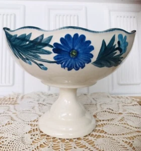 Vintage 1970/80s Strangl Pottery, NJ. Blue Daisy Compote Bowl 8.5” Dia. x 6.75”H - Picture 1 of 17