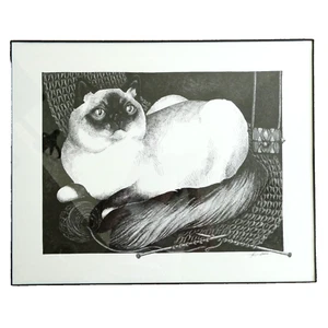 Siamese Cat with Knitting Yarn Signed Pen and Ink Framed Black White 2002 - Picture 1 of 9
