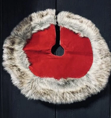 12 Inch Mini Christmas Tree Skirt Red Velvet Brown Faux Fur Trim Holiday Decor - Image 1 of 4